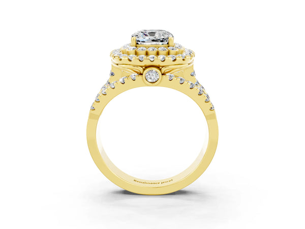 Yellow gold Cushion Cut Moissanite Double Halo Ring with Round Pavé Split Shank and Prong Setting