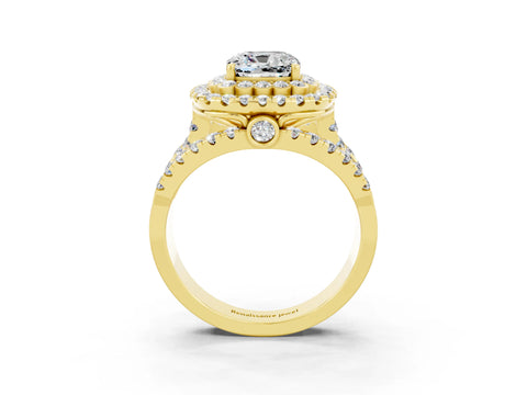 Yellow gold Double Halo Cushion Cut Diamond Split Shank Pave Set Ring_3