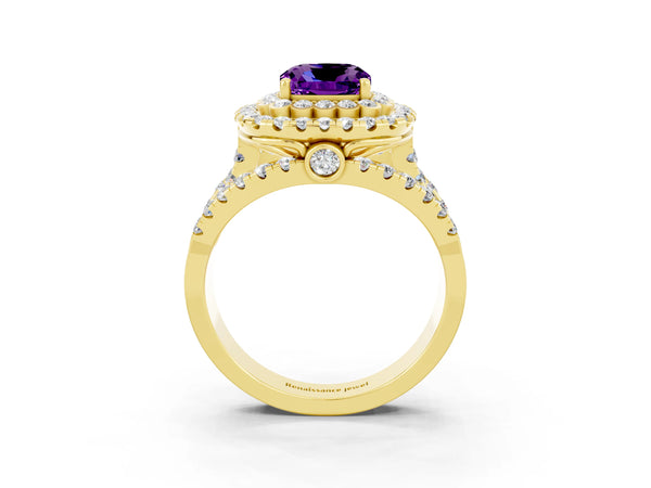 Yellow gold Cushion Cut Amethyst Double Halo Ring with Round Pavé Split Shank and Prong Setting