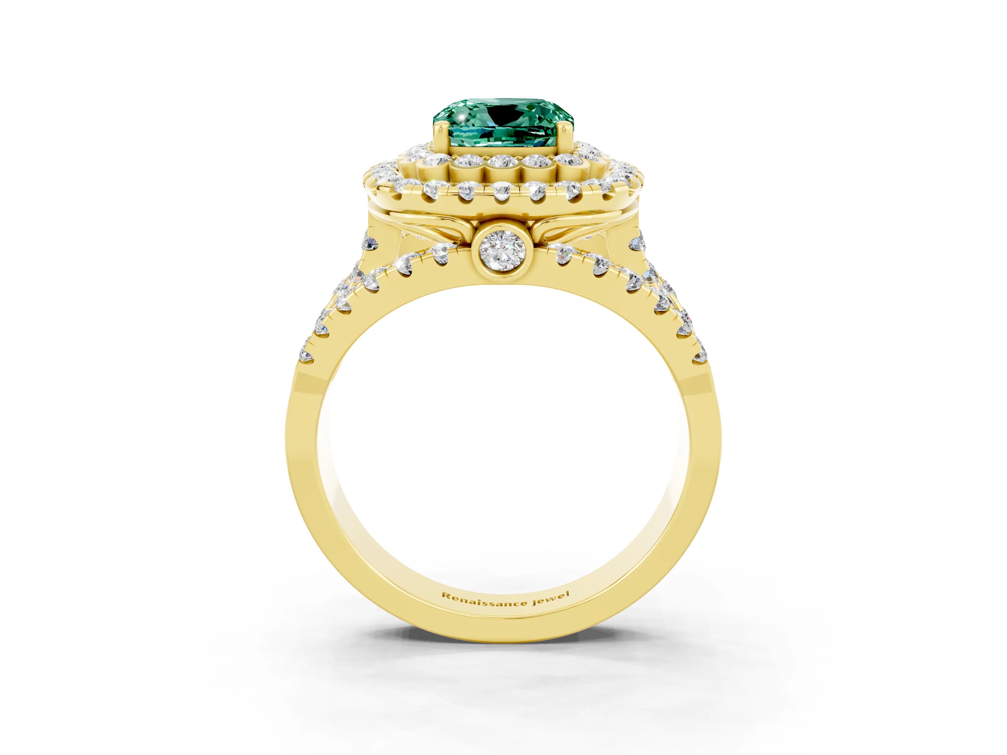 Yellow gold Double Halo Cushion Cut Diamond Split Shank Pave Set Ring_3
