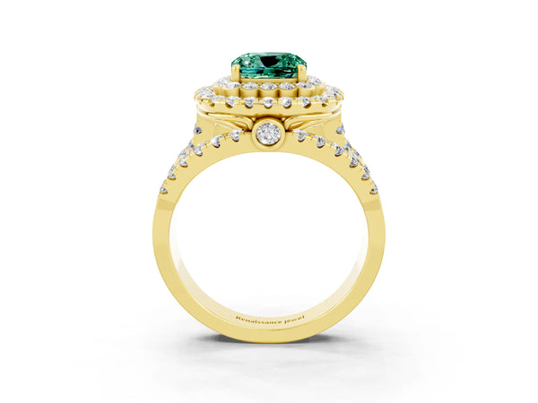 Yellow gold Cushion Cut Green Sapphire Double Halo Ring with Round Pavé Split Shank and Prong Setting