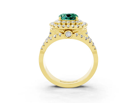 Yellow gold Double Halo Cushion Cut Diamond Split Shank Pave Set Ring_3