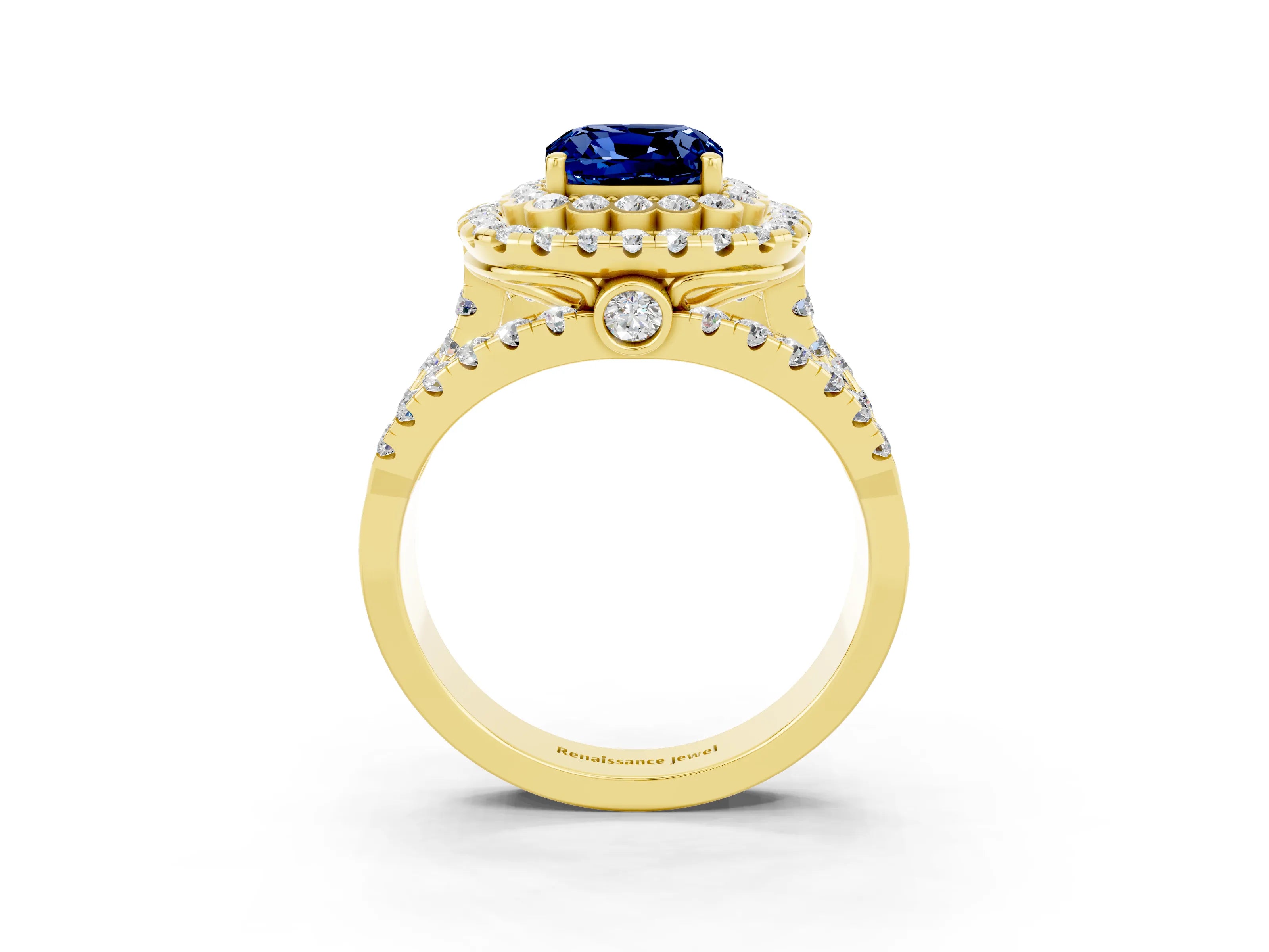 Yellow gold Double Halo Cushion Cut Diamond Split Shank Pave Set Ring_3