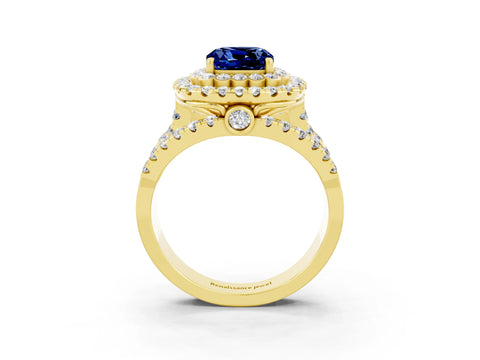 Yellow gold Double Halo Cushion Cut Diamond Split Shank Pave Set Ring_3