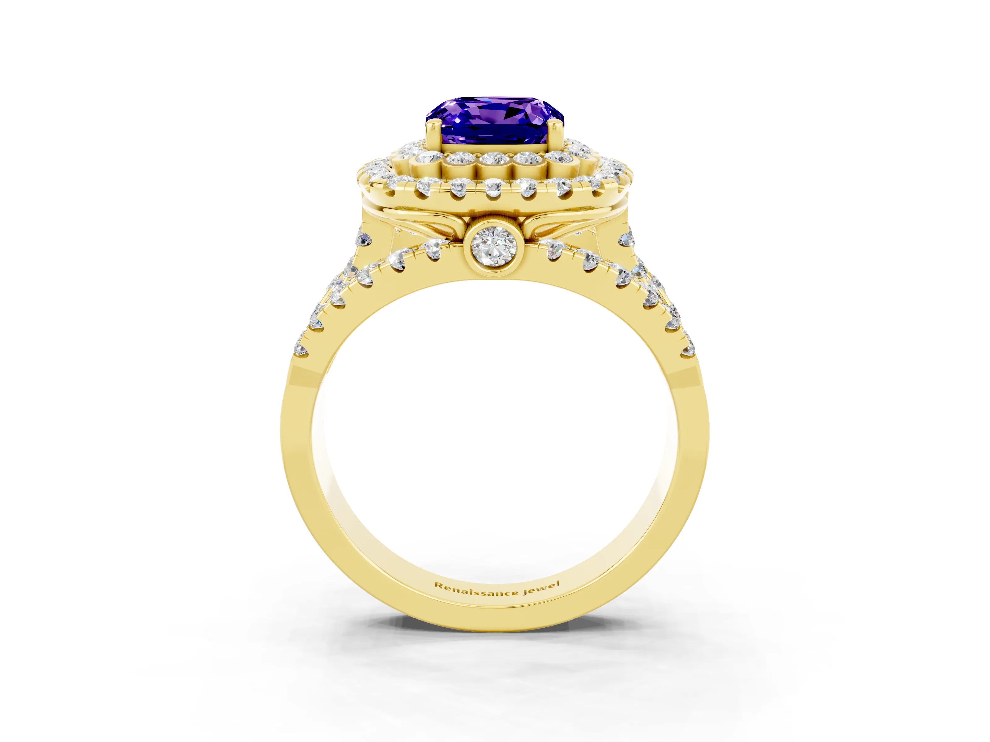 Yellow gold Double Halo Cushion Cut Diamond Split Shank Pave Set Ring_3