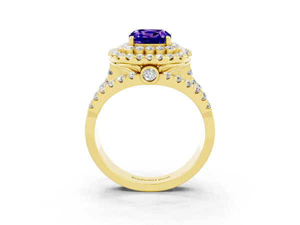 Yellow gold Cushion Cut Tanzanite Double Halo Ring with Round Pavé Split Shank and Prong Setting