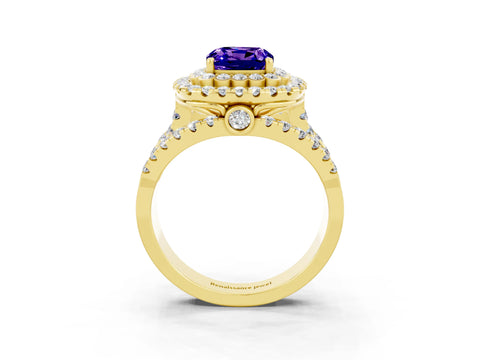 Yellow gold Double Halo Cushion Cut Diamond Split Shank Pave Set Ring_3