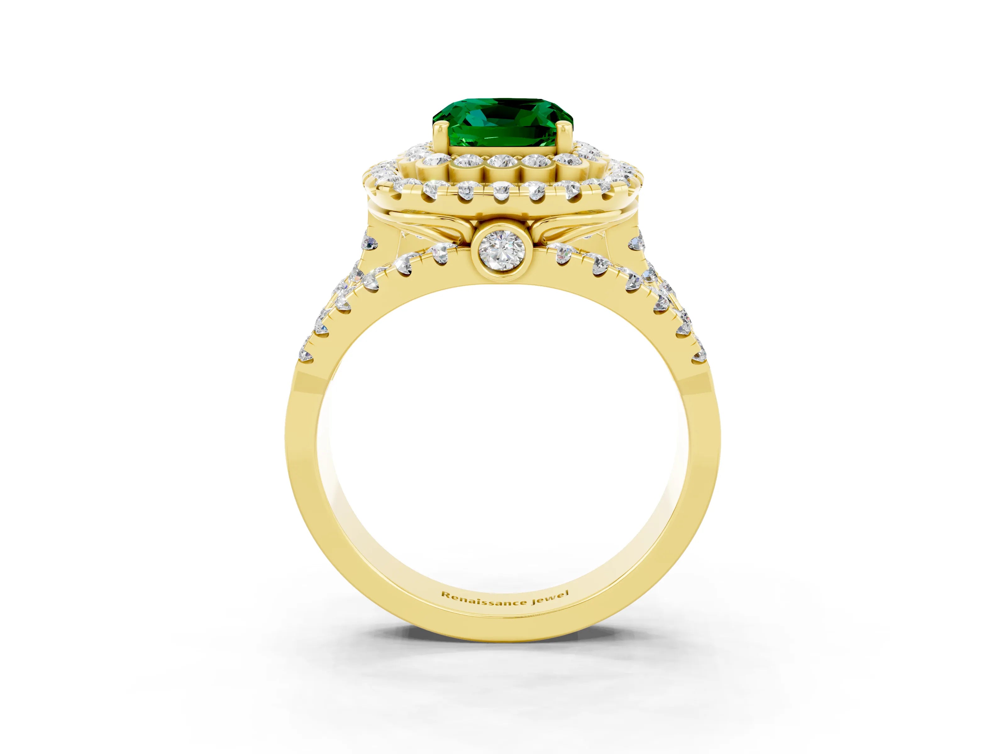 Yellow gold Double Halo Cushion Cut Diamond Split Shank Pave Set Ring_3