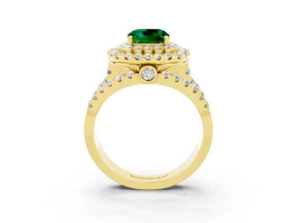 Yellow gold Cushion Cut Emerald Double Halo Ring with Round Pavé Split Shank and Prong Setting