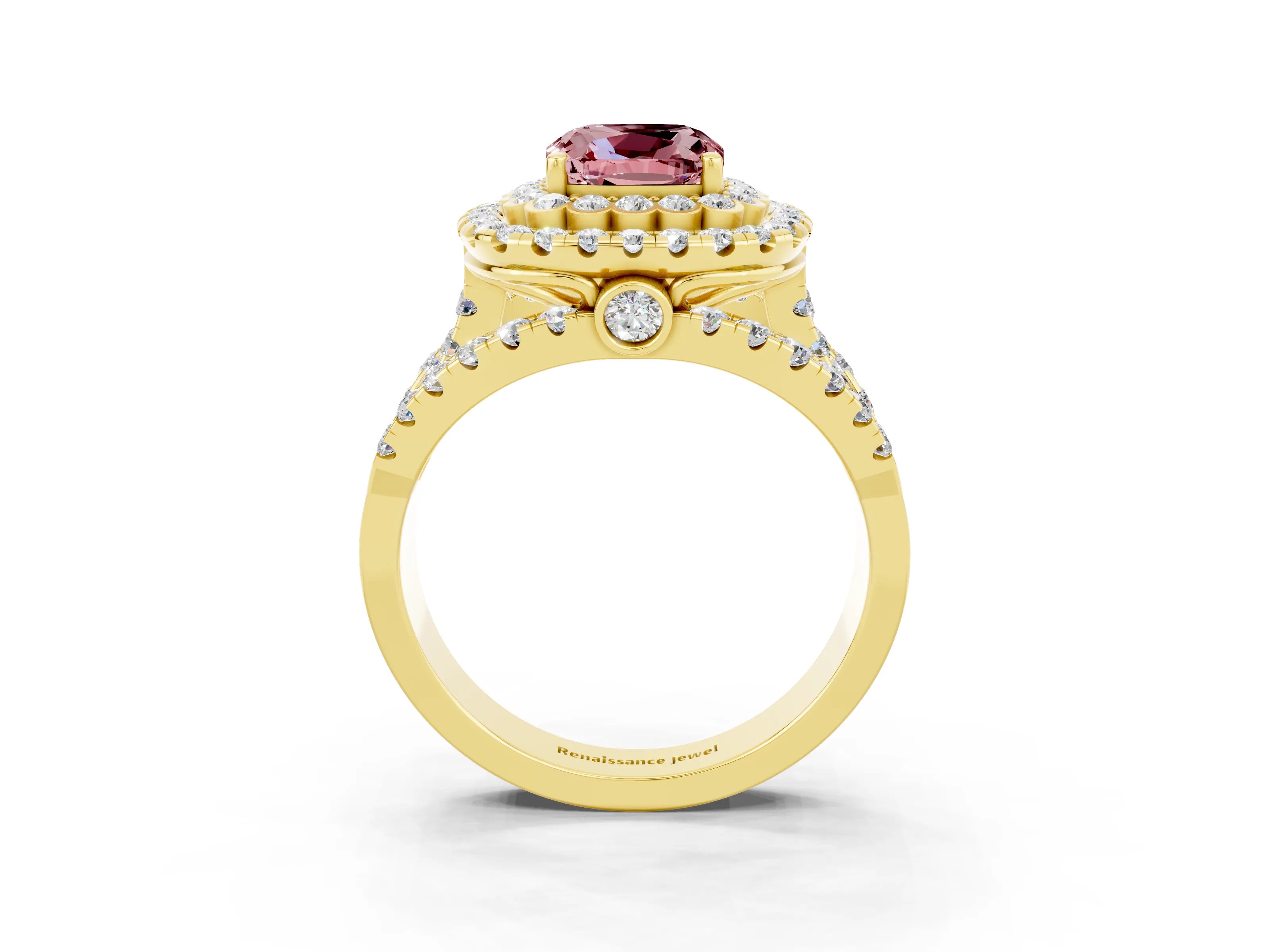 Yellow gold Double Halo Cushion Cut Diamond Split Shank Pave Set Ring_3