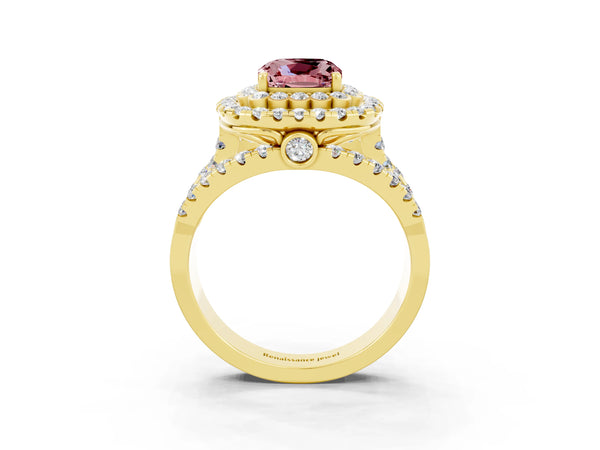Yellow gold Double Halo Cushion Cut Diamond Split Shank Pave Set Ring