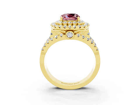 Yellow gold Double Halo Cushion Cut Diamond Split Shank Pave Set Ring_3