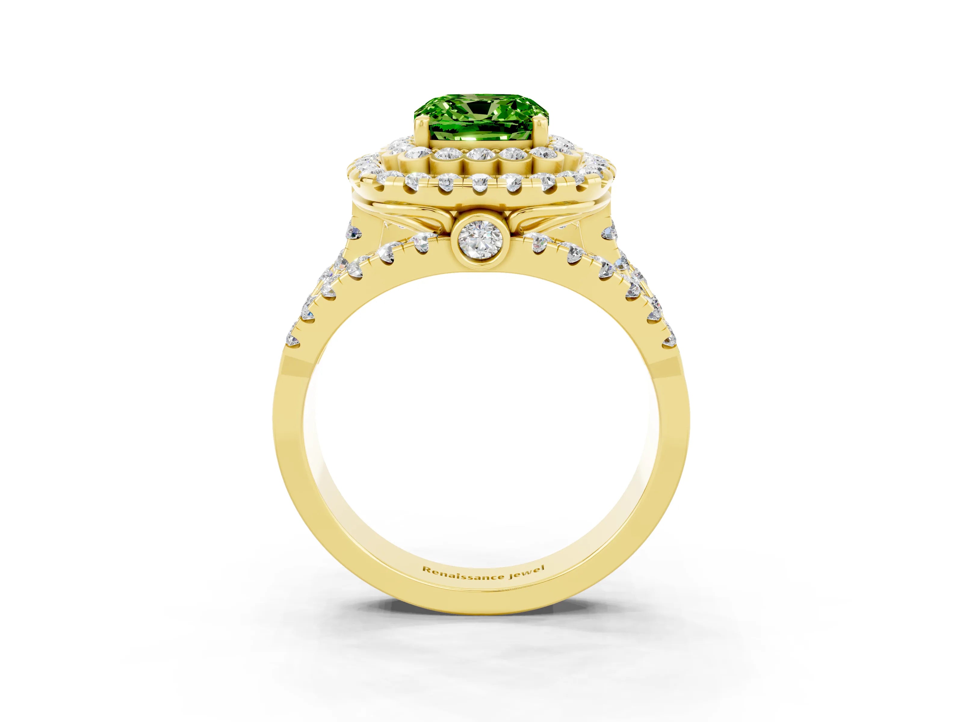Yellow gold Double Halo Cushion Cut Diamond Split Shank Pave Set Ring_3