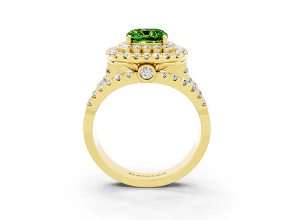 Yellow gold Double Halo Cushion Cut Diamond Split Shank Pave Set Ring