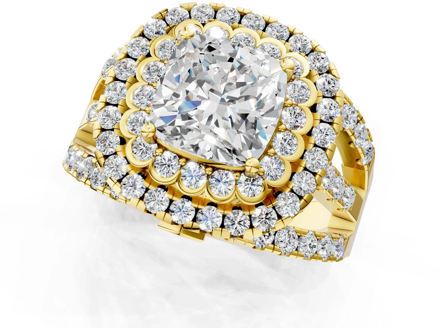 Yellow gold Double Halo Cushion Cut Diamond Split Shank Pave Set Ring