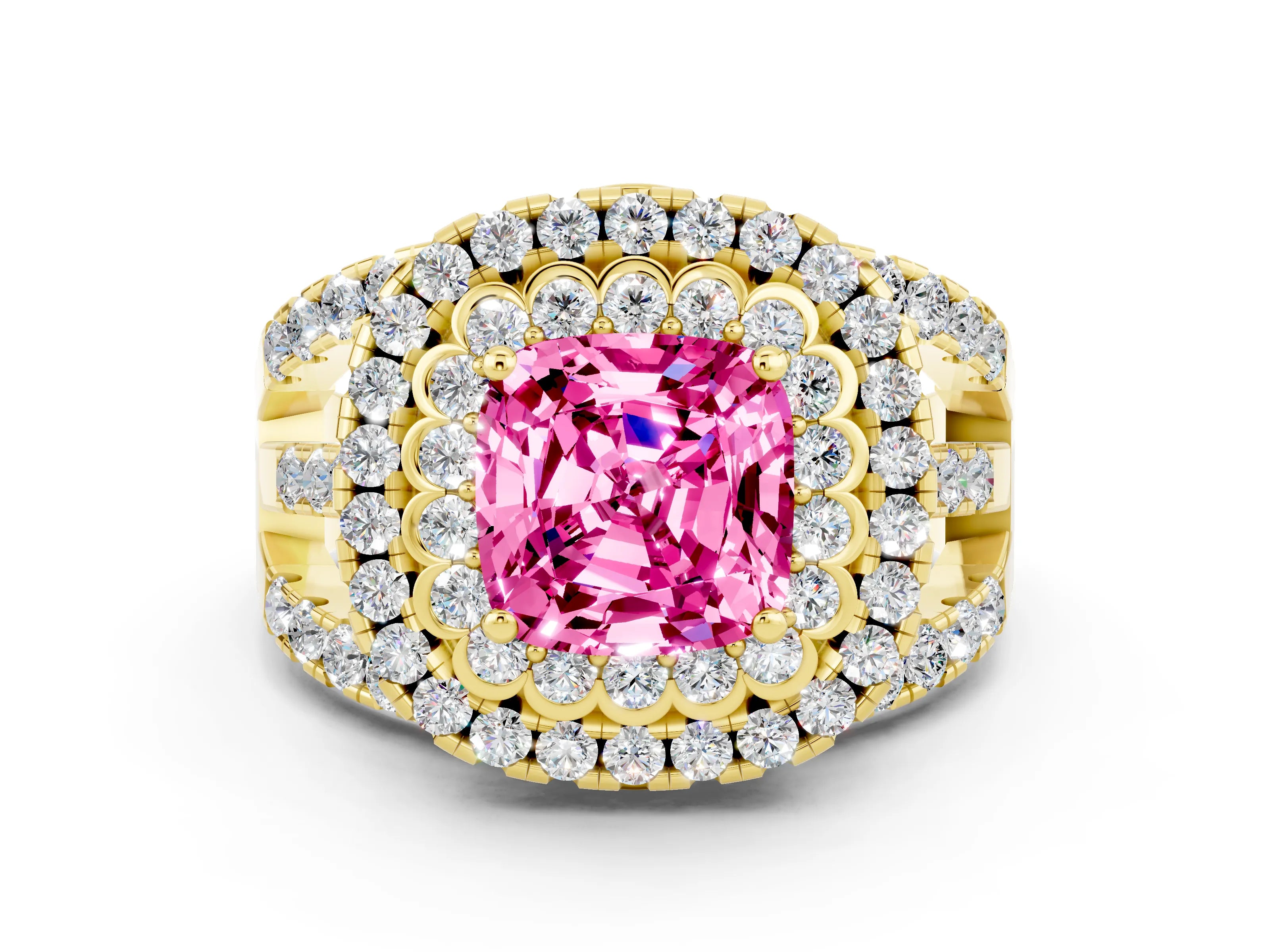 Yellow gold Double Halo Cushion Cut Diamond Split Shank Pave Set Ring