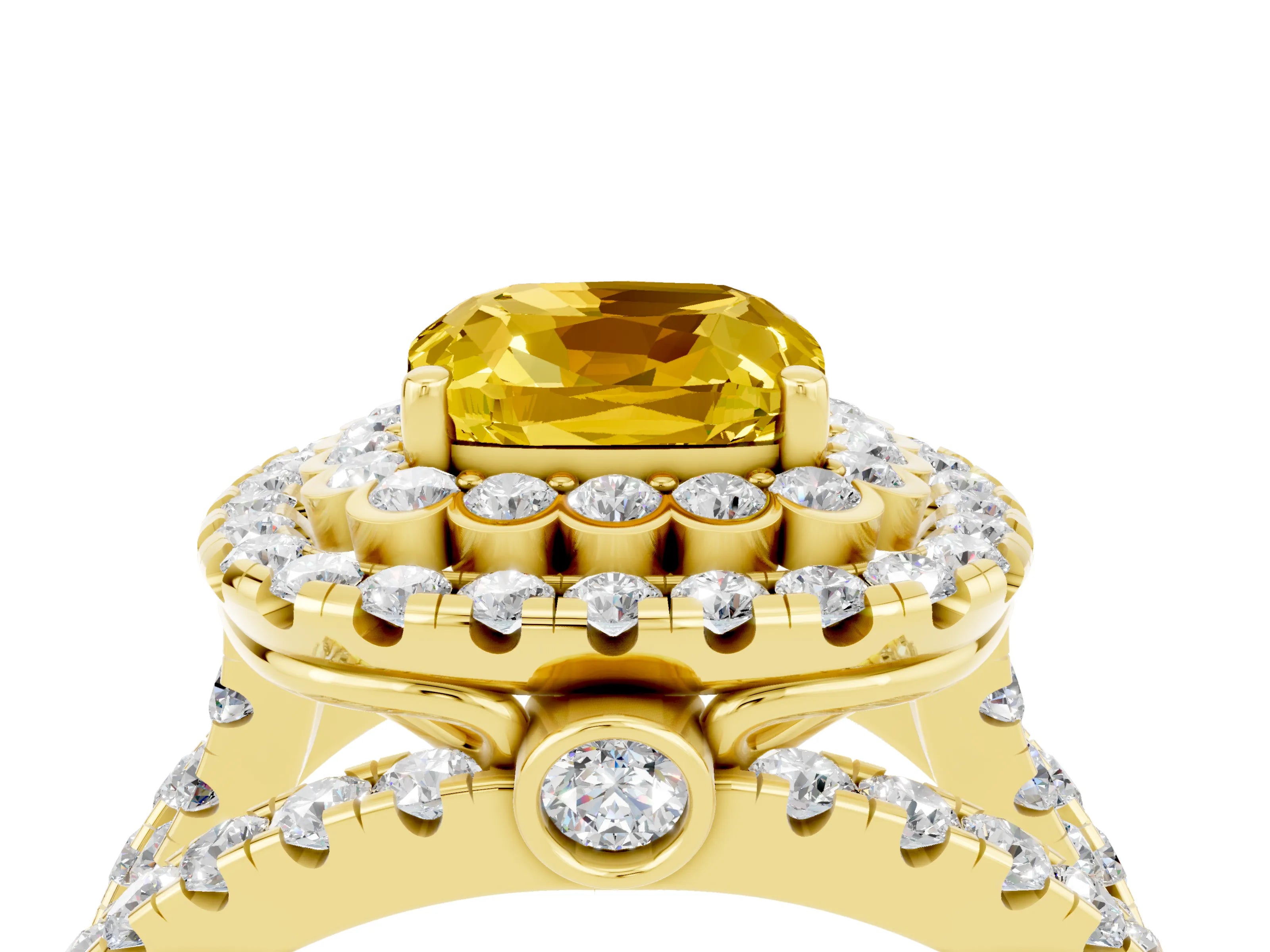 Yellow gold Double Halo Cushion Cut Diamond Split Shank Pave Set Ring_4