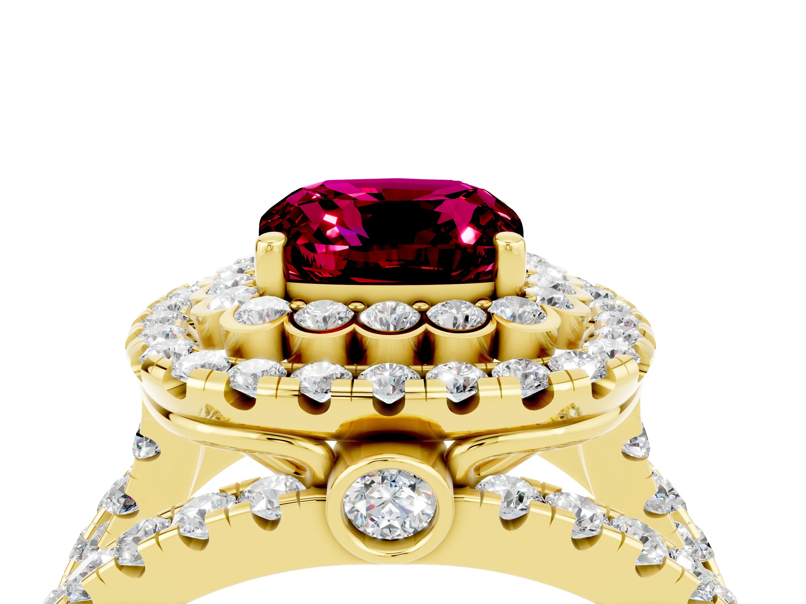 Yellow gold Double Halo Cushion Cut Diamond Split Shank Pave Set Ring_4