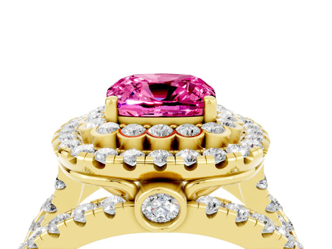 Yellow gold Double Halo Cushion Cut Diamond Split Shank Pave Set Ring_4
