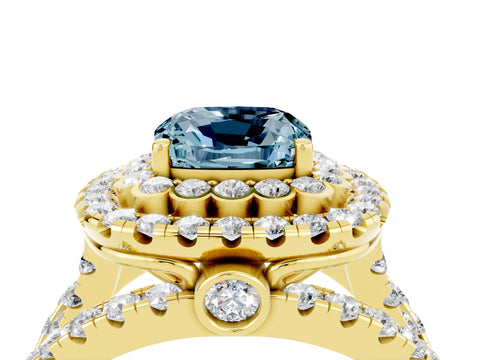 Yellow gold Double Halo Cushion Cut Diamond Split Shank Pave Set Ring_4