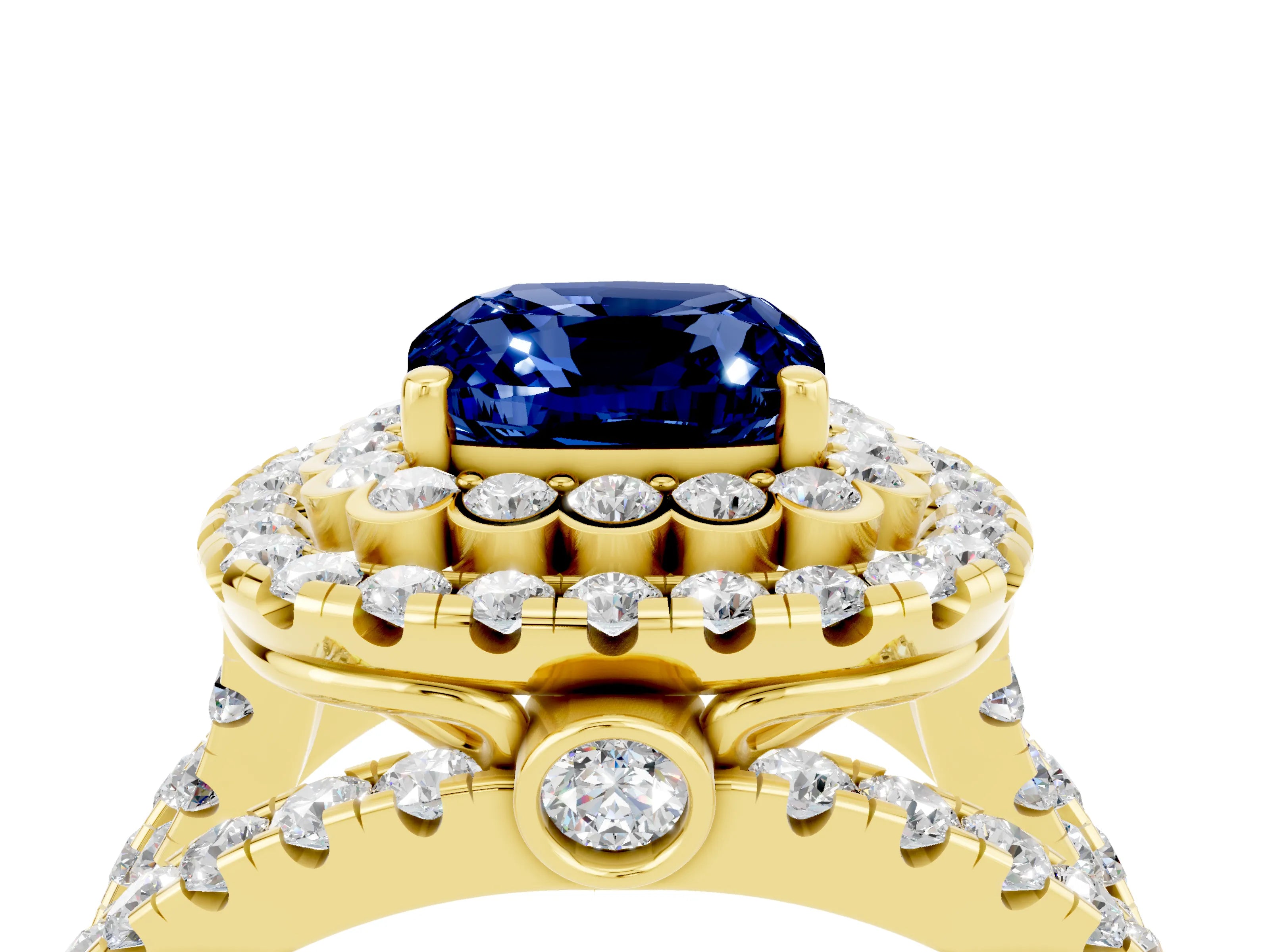 Yellow gold Double Halo Cushion Cut Diamond Split Shank Pave Set Ring_4