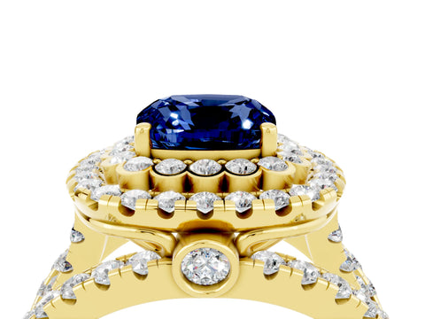 Yellow gold Double Halo Cushion Cut Diamond Split Shank Pave Set Ring_4
