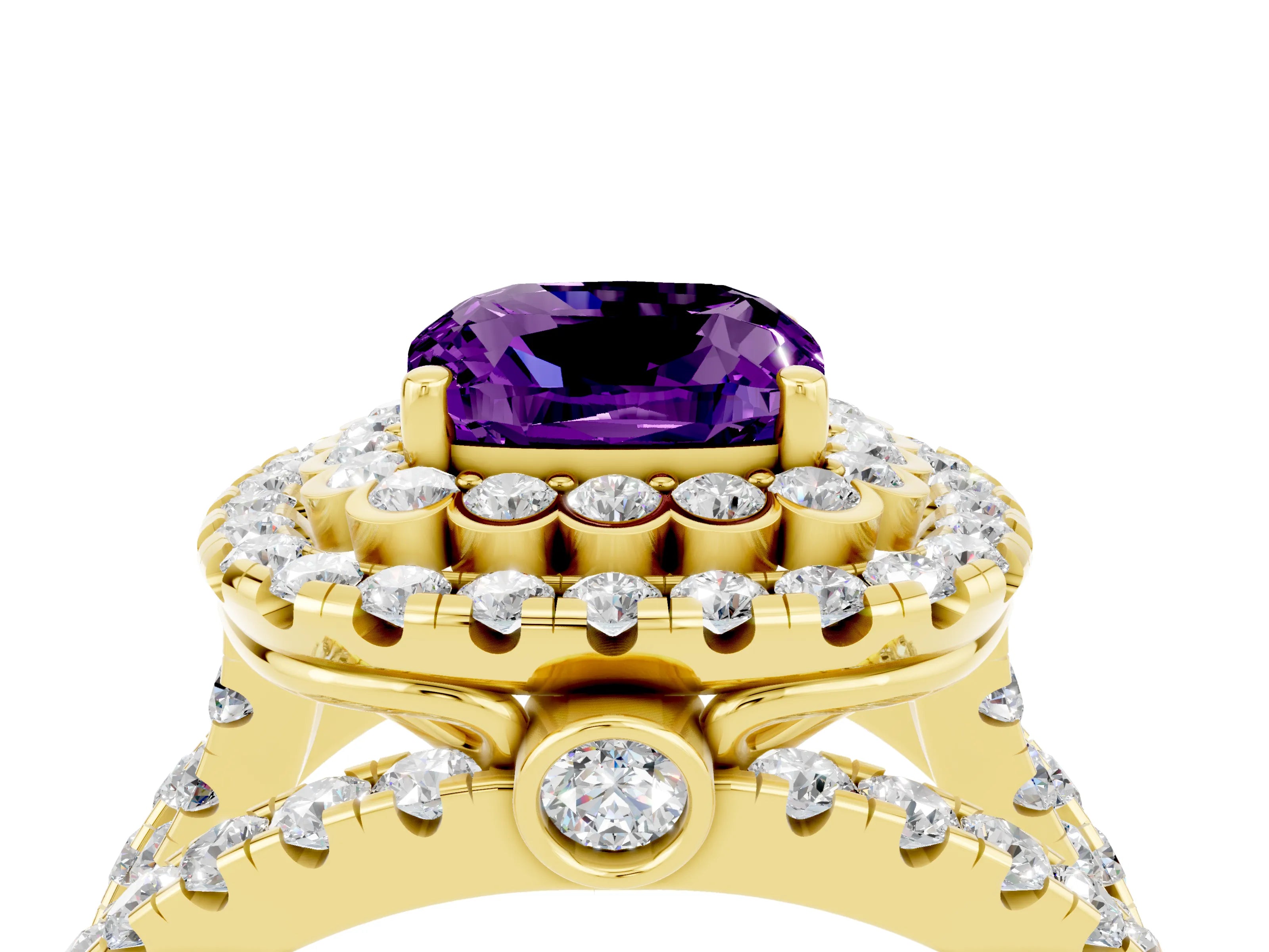 Yellow gold Double Halo Cushion Cut Diamond Split Shank Pave Set Ring_4