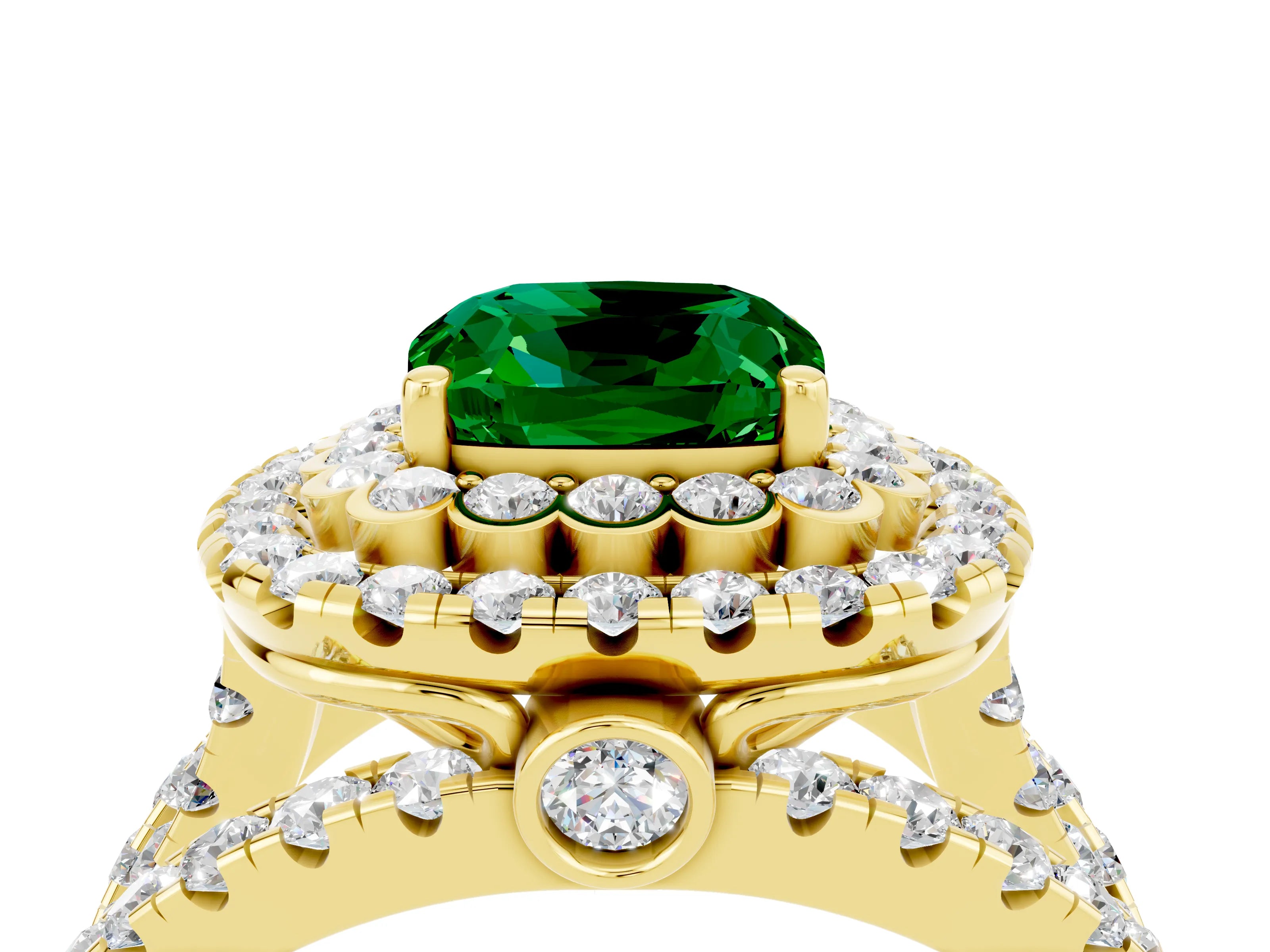 Yellow gold Double Halo Cushion Cut Diamond Split Shank Pave Set Ring_4