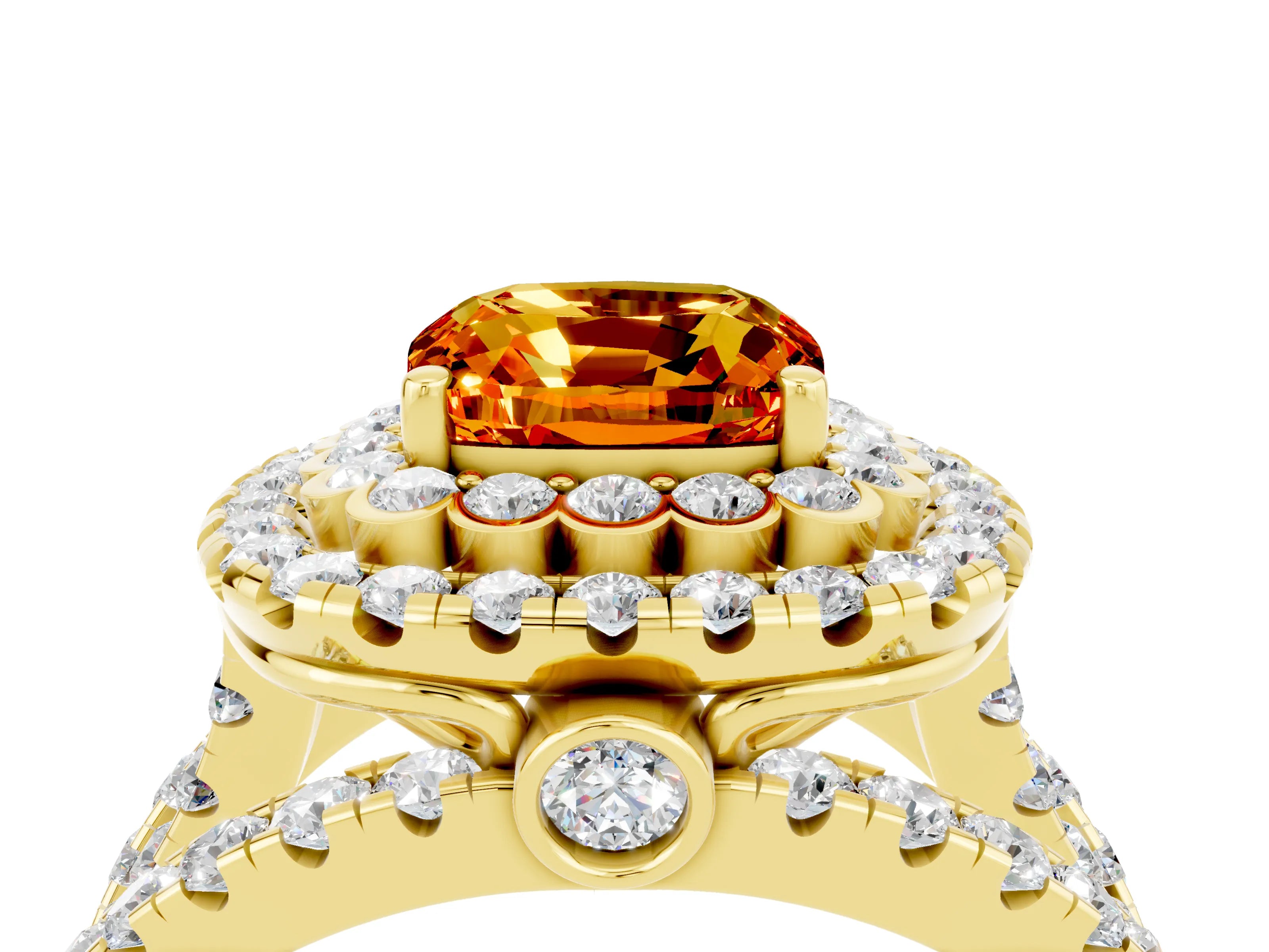 Yellow gold Double Halo Cushion Cut Diamond Split Shank Pave Set Ring_4