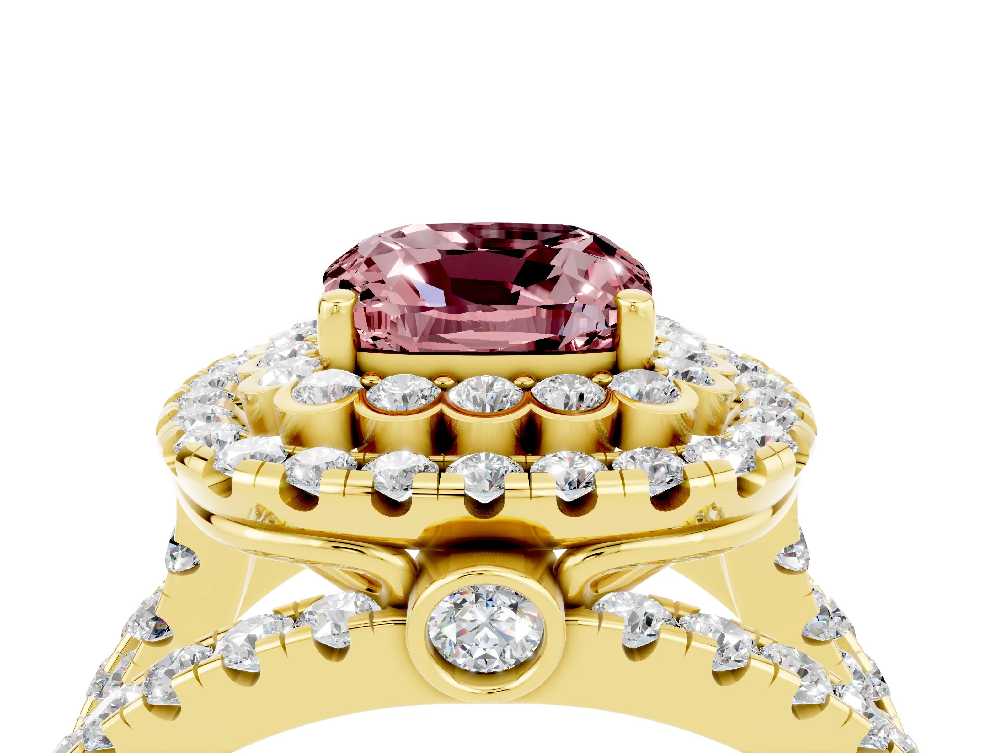 Yellow gold Double Halo Cushion Cut Diamond Split Shank Pave Set Ring_4