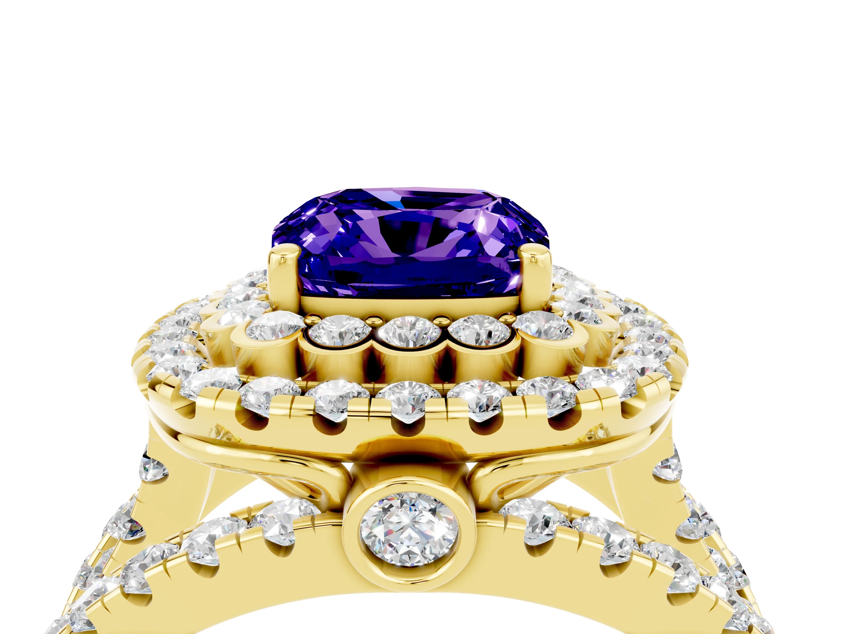 Yellow gold Double Halo Cushion Cut Diamond Split Shank Pave Set Ring_4