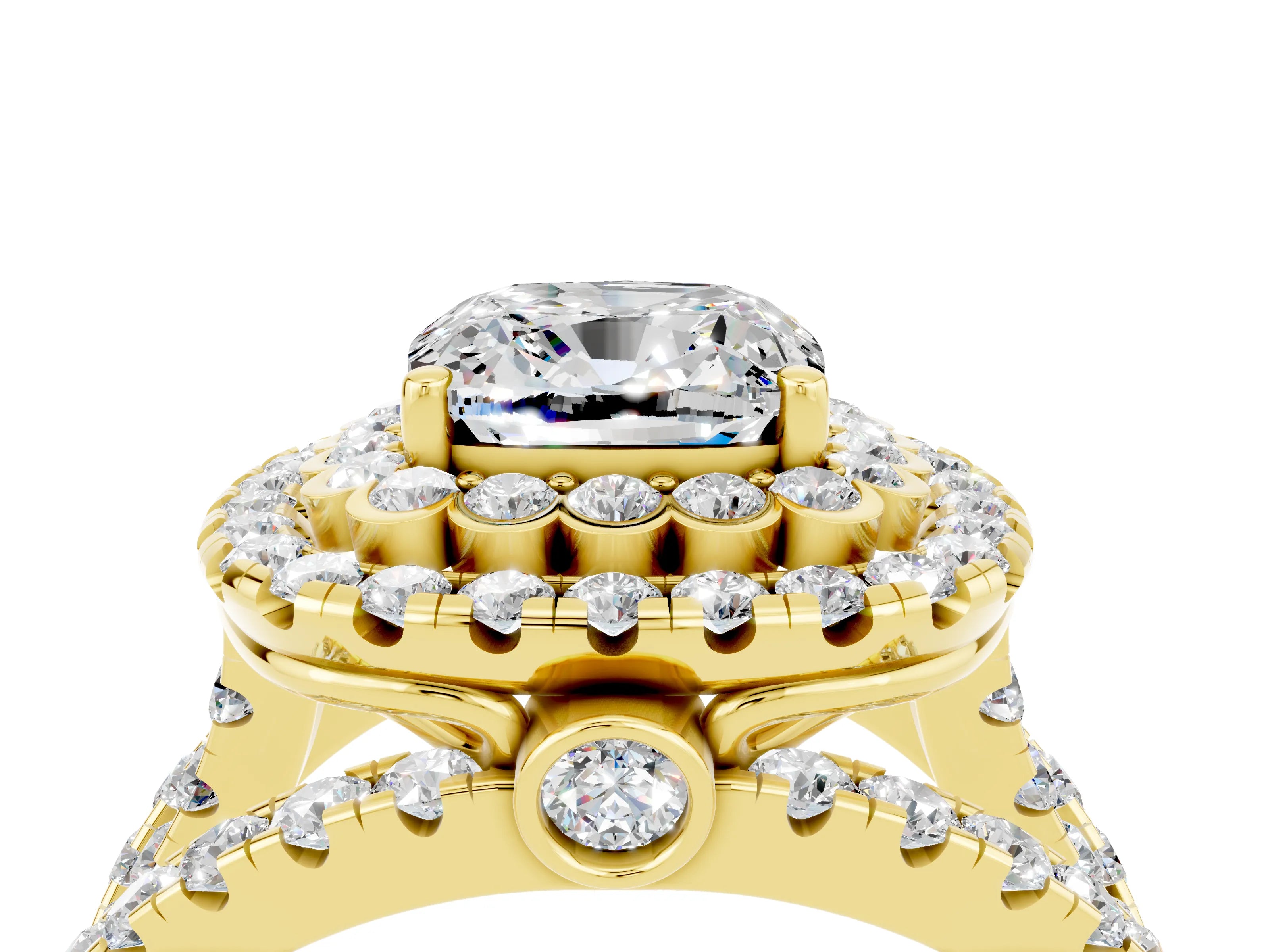 Yellow gold Double Halo Cushion Cut Diamond Split Shank Pave Set Ring_4