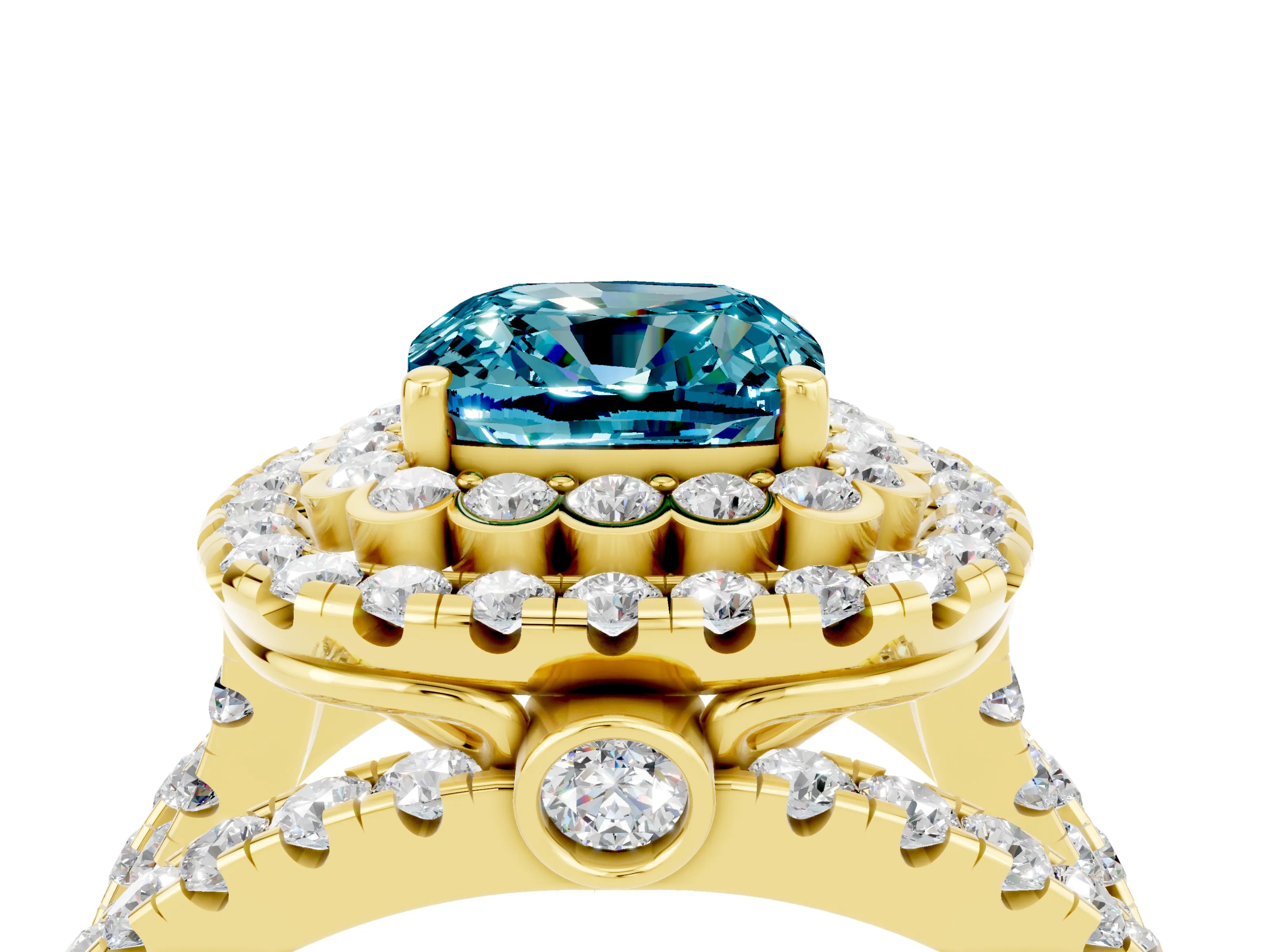 Yellow gold Double Halo Cushion Cut Diamond Split Shank Pave Set Ring_4