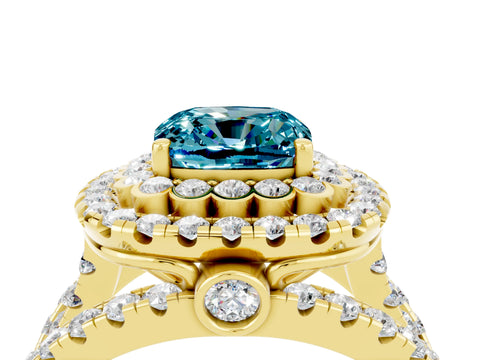 Yellow gold Double Halo Cushion Cut Diamond Split Shank Pave Set Ring_4