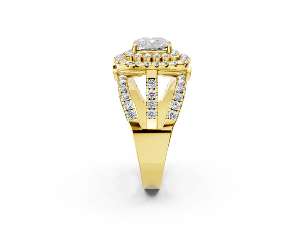 Yellow gold Double Halo Cushion Cut Diamond Split Shank Pave Set Ring