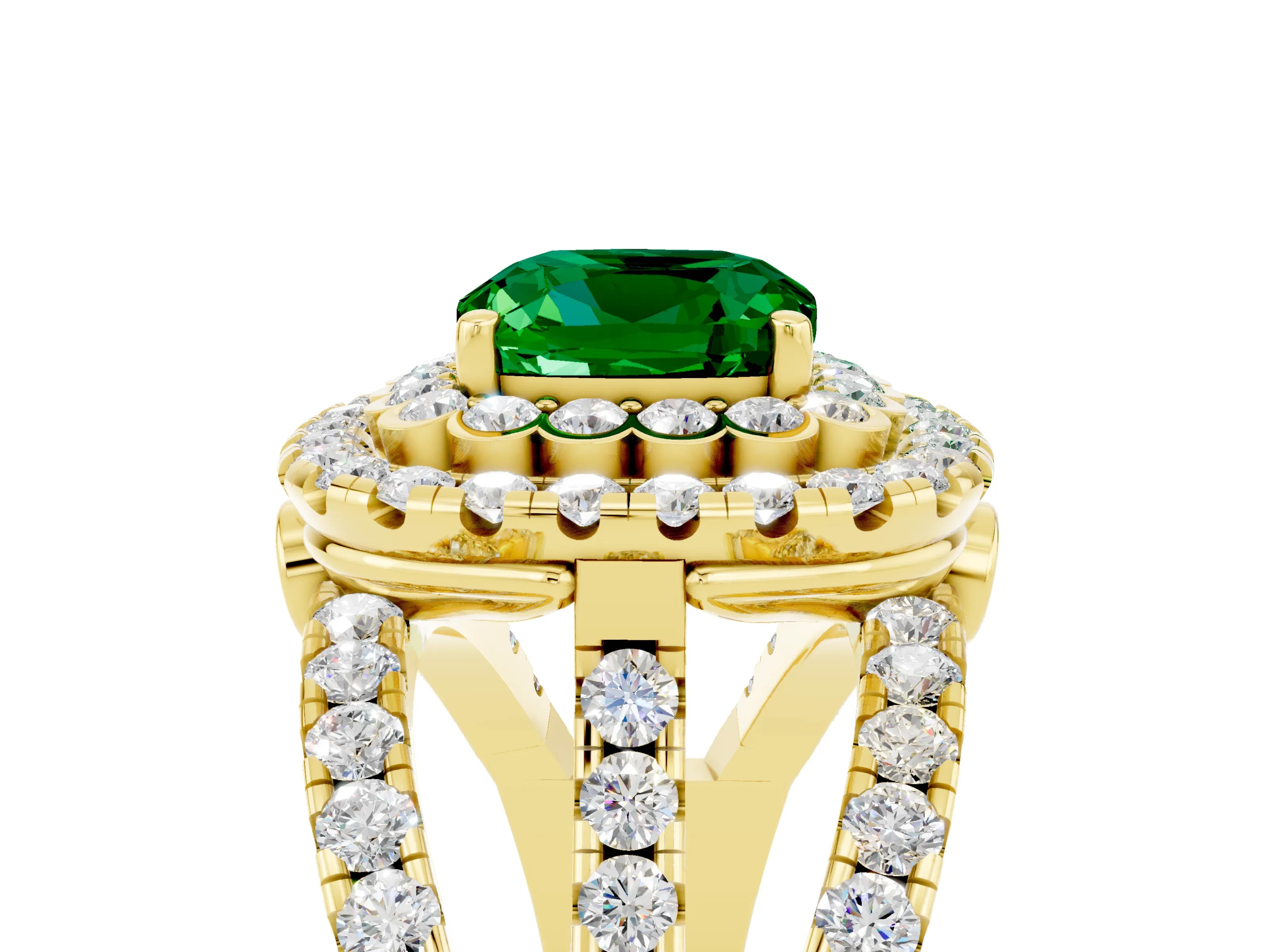 Yellow gold Double Halo Cushion Cut Diamond Split Shank Pave Set Ring_5