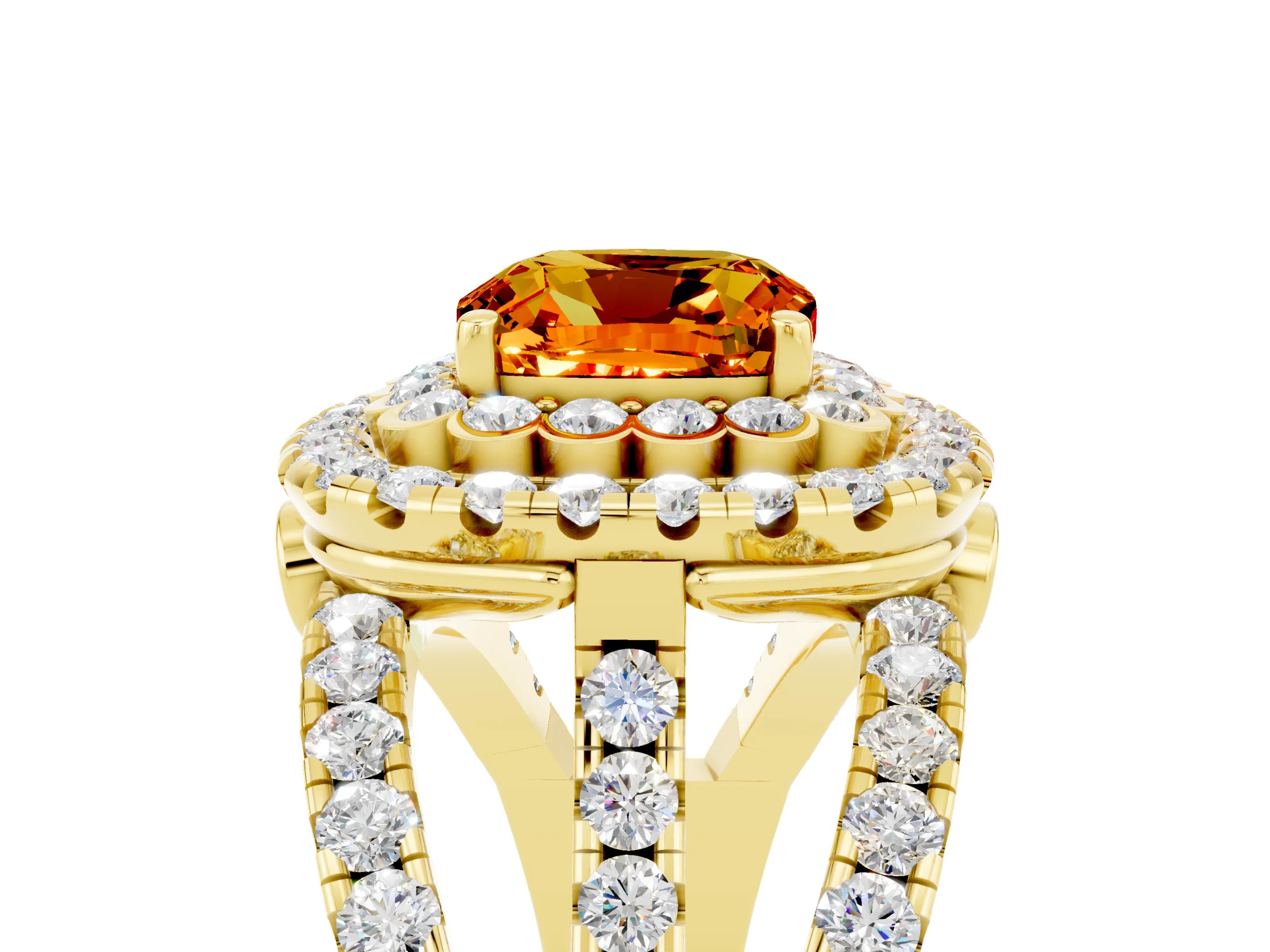 Yellow gold Double Halo Cushion Cut Diamond Split Shank Pave Set Ring_5