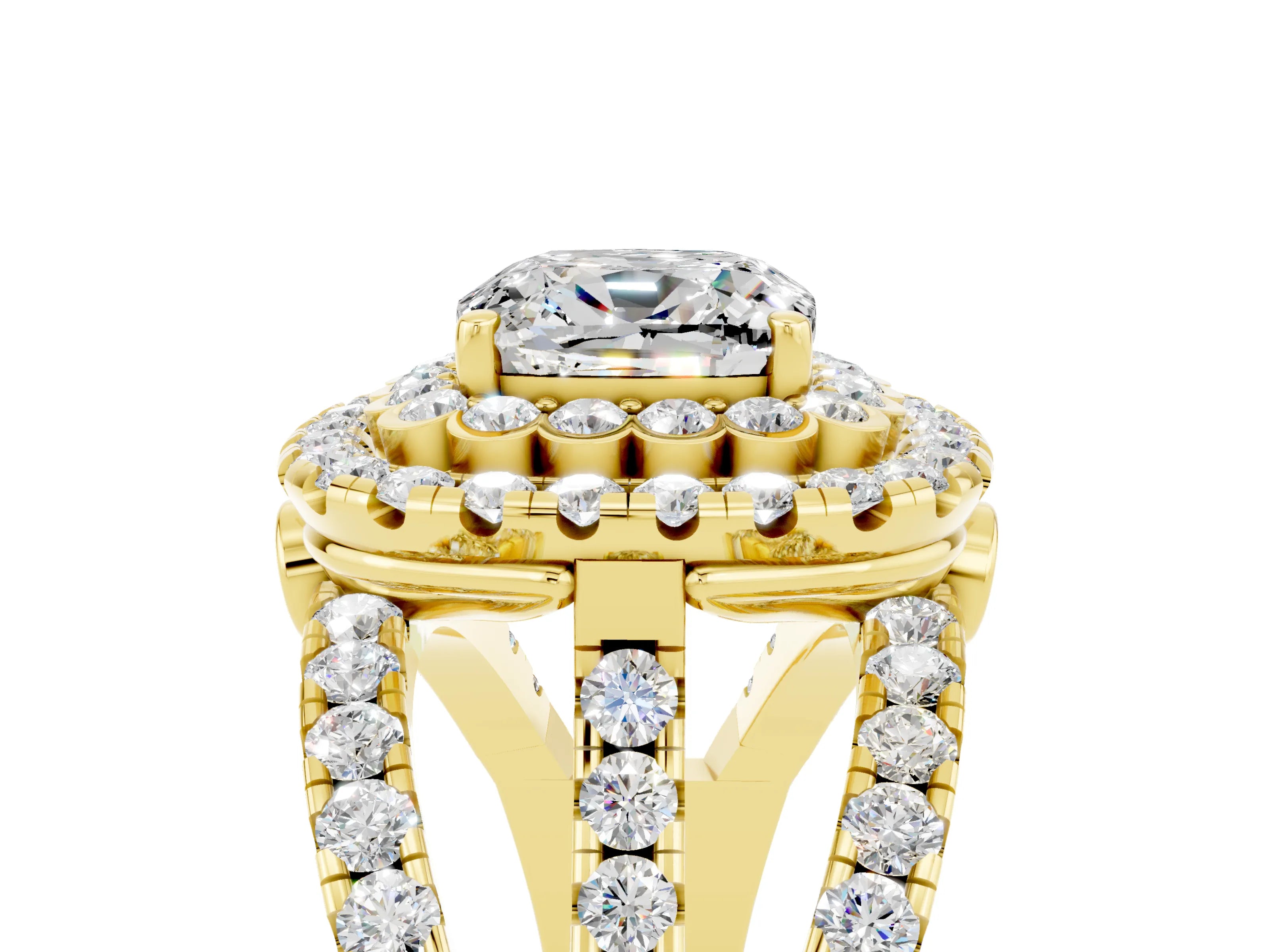 Yellow gold Double Halo Cushion Cut Diamond Split Shank Pave Set Ring_5
