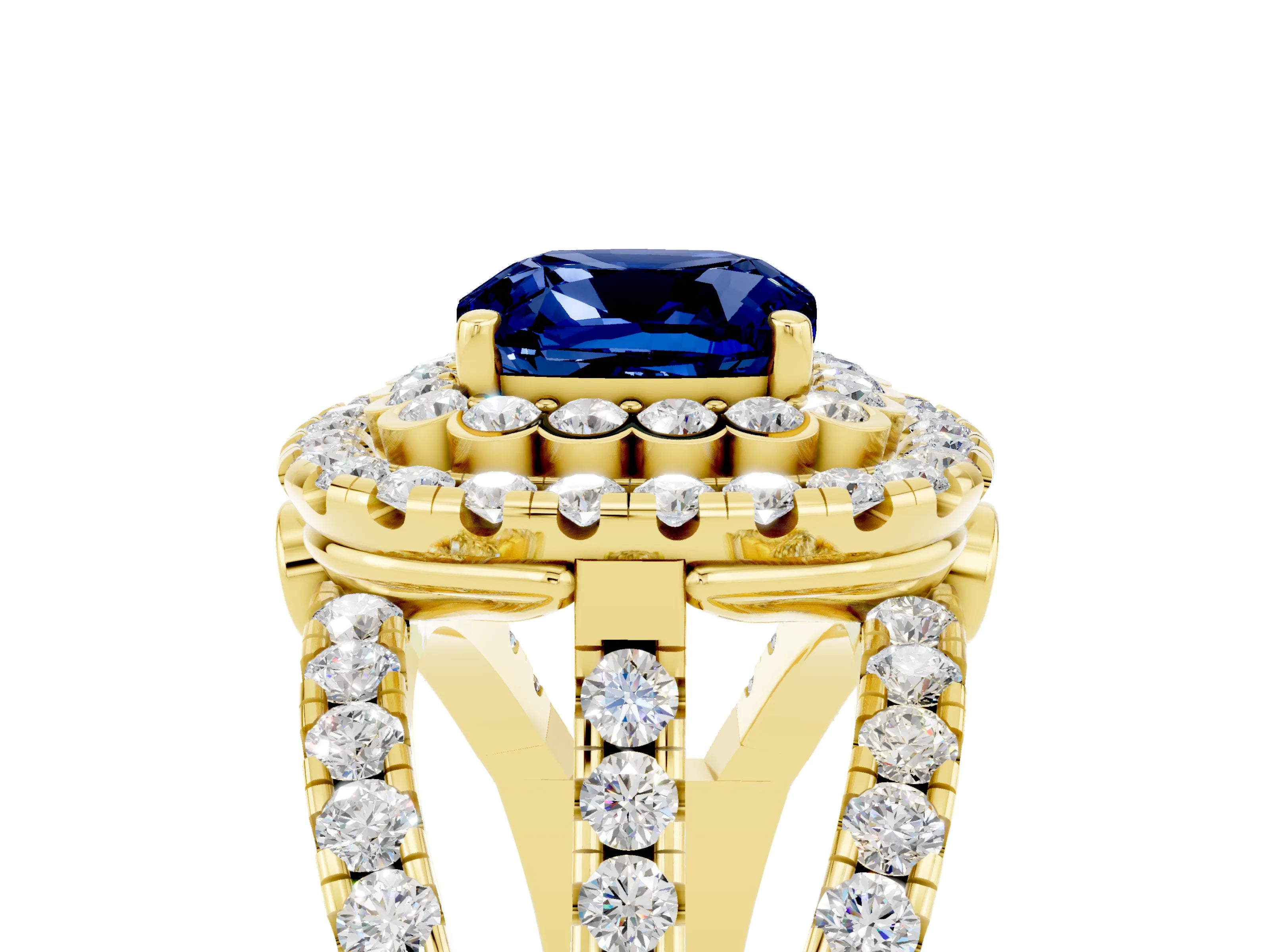 Yellow gold Double Halo Cushion Cut Diamond Split Shank Pave Set Ring_5