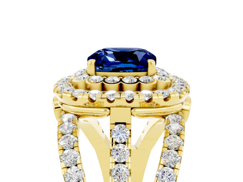 Yellow gold Double Halo Cushion Cut Diamond Split Shank Pave Set Ring_5