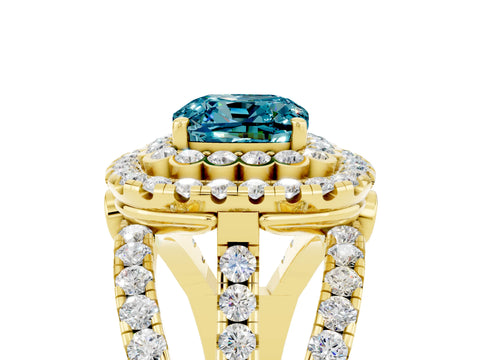 Yellow gold Double Halo Cushion Cut Diamond Split Shank Pave Set Ring_5