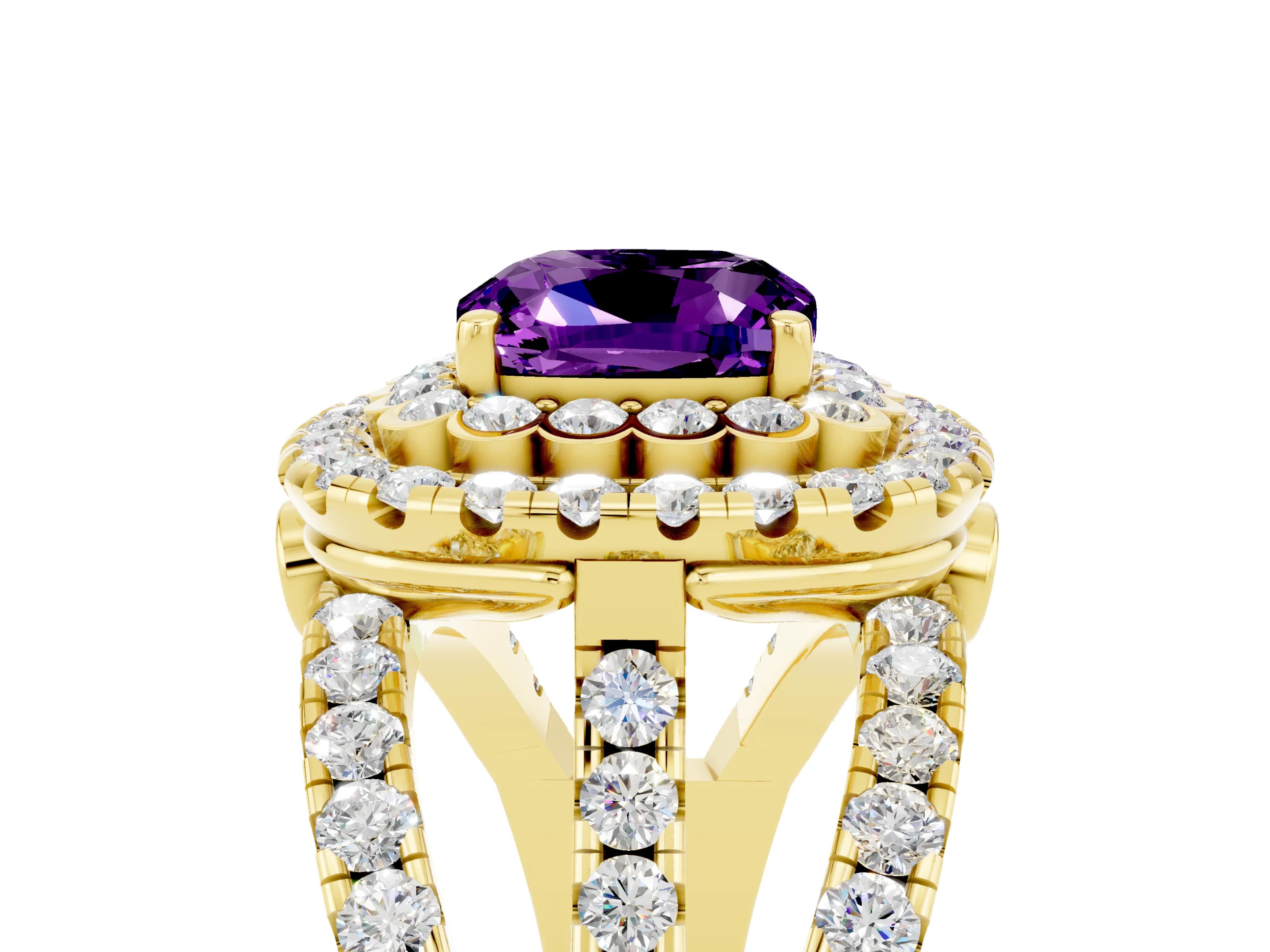 Yellow gold Double Halo Cushion Cut Diamond Split Shank Pave Set Ring_5