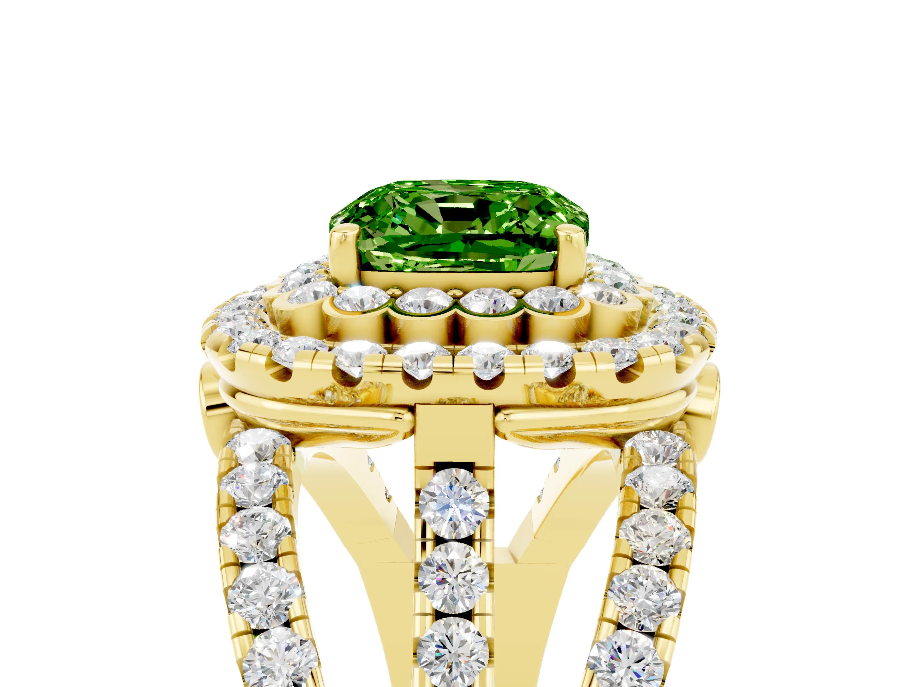 Yellow gold Double Halo Cushion Cut Diamond Split Shank Pave Set Ring_5