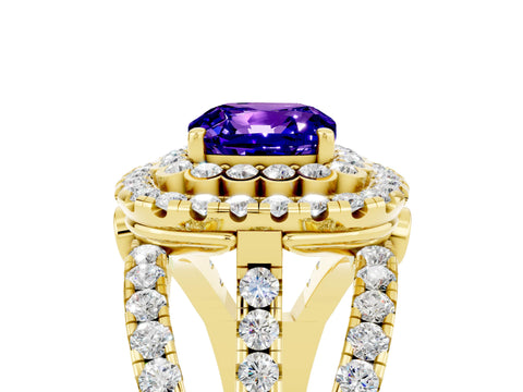 Yellow gold Double Halo Cushion Cut Diamond Split Shank Pave Set Ring_5