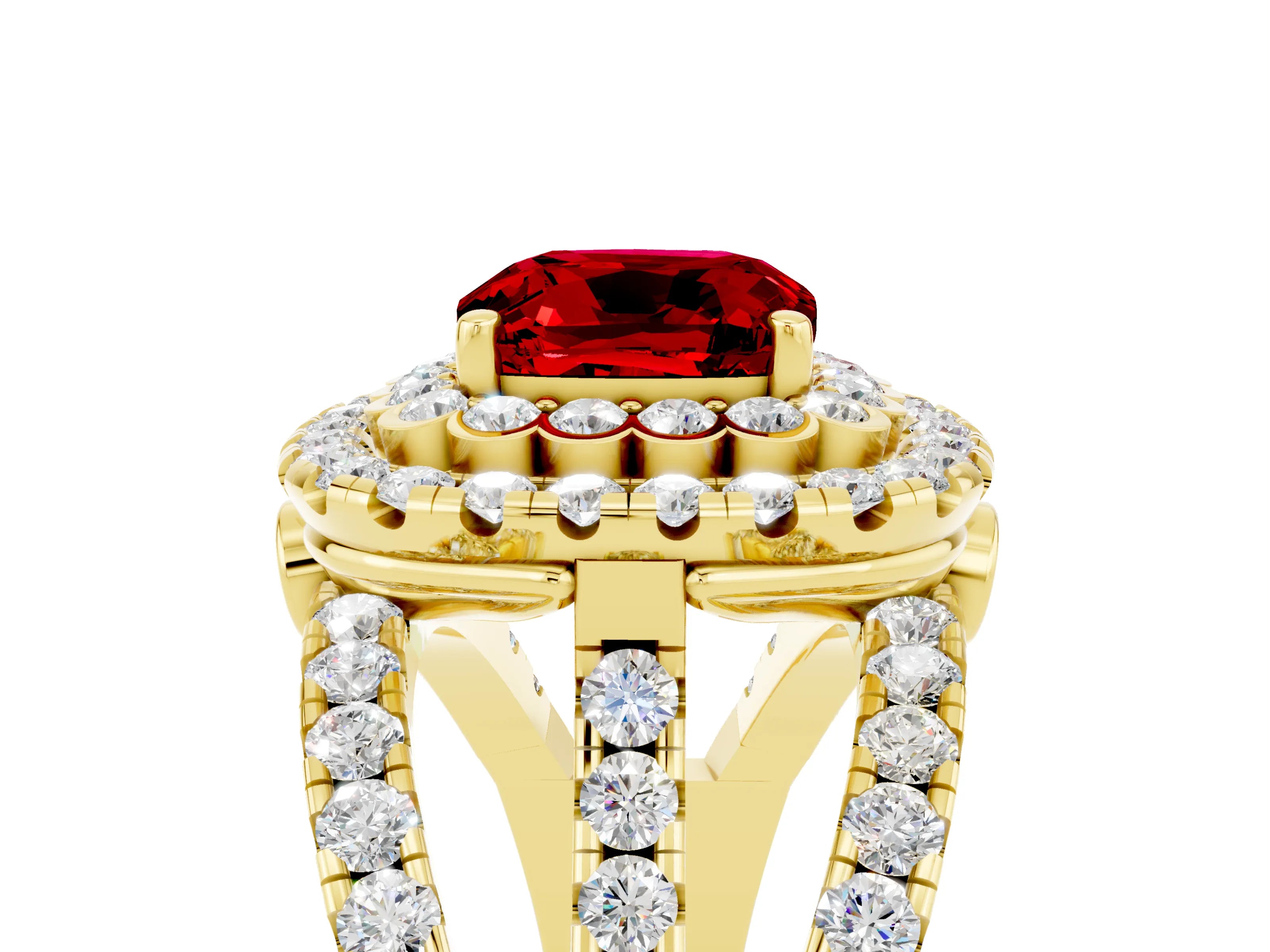 Yellow gold Double Halo Cushion Cut Diamond Split Shank Pave Set Ring_5