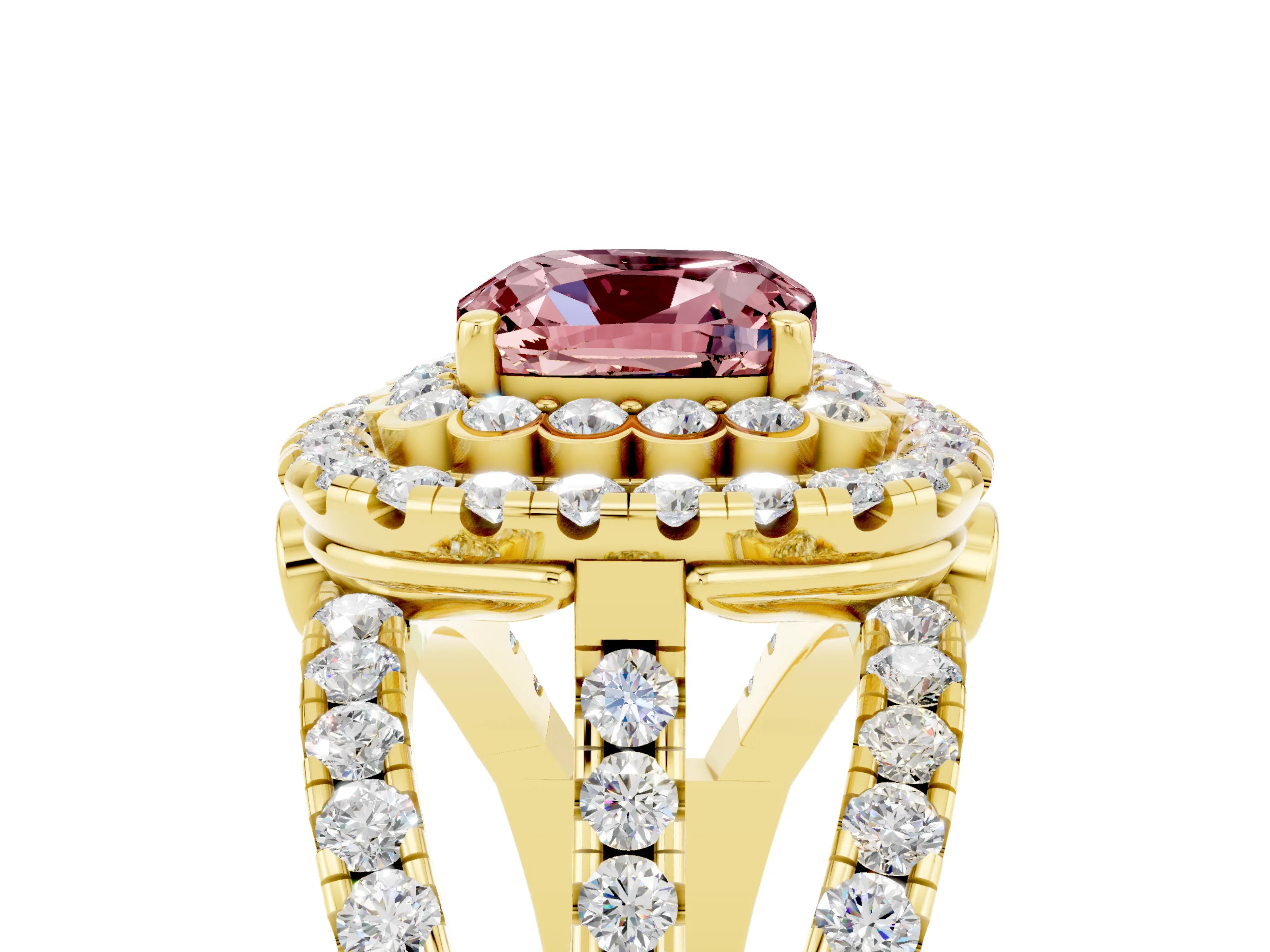 Yellow gold Double Halo Cushion Cut Diamond Split Shank Pave Set Ring_5