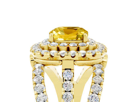 Yellow gold Double Halo Cushion Cut Diamond Split Shank Pave Set Ring_5