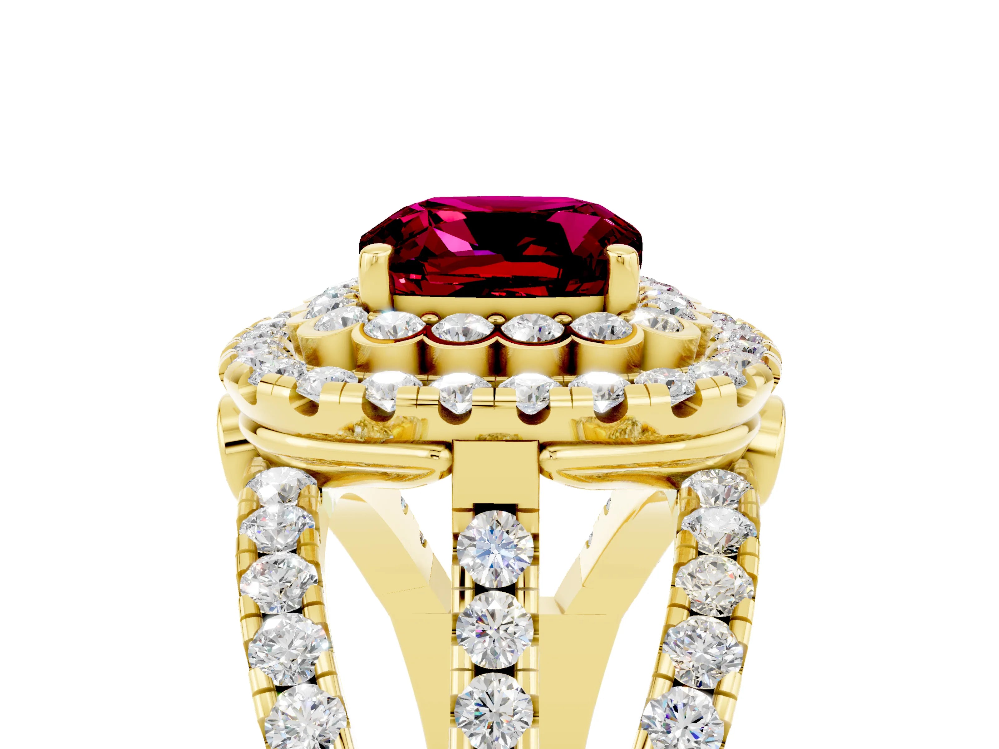 Yellow gold Double Halo Cushion Cut Diamond Split Shank Pave Set Ring_5