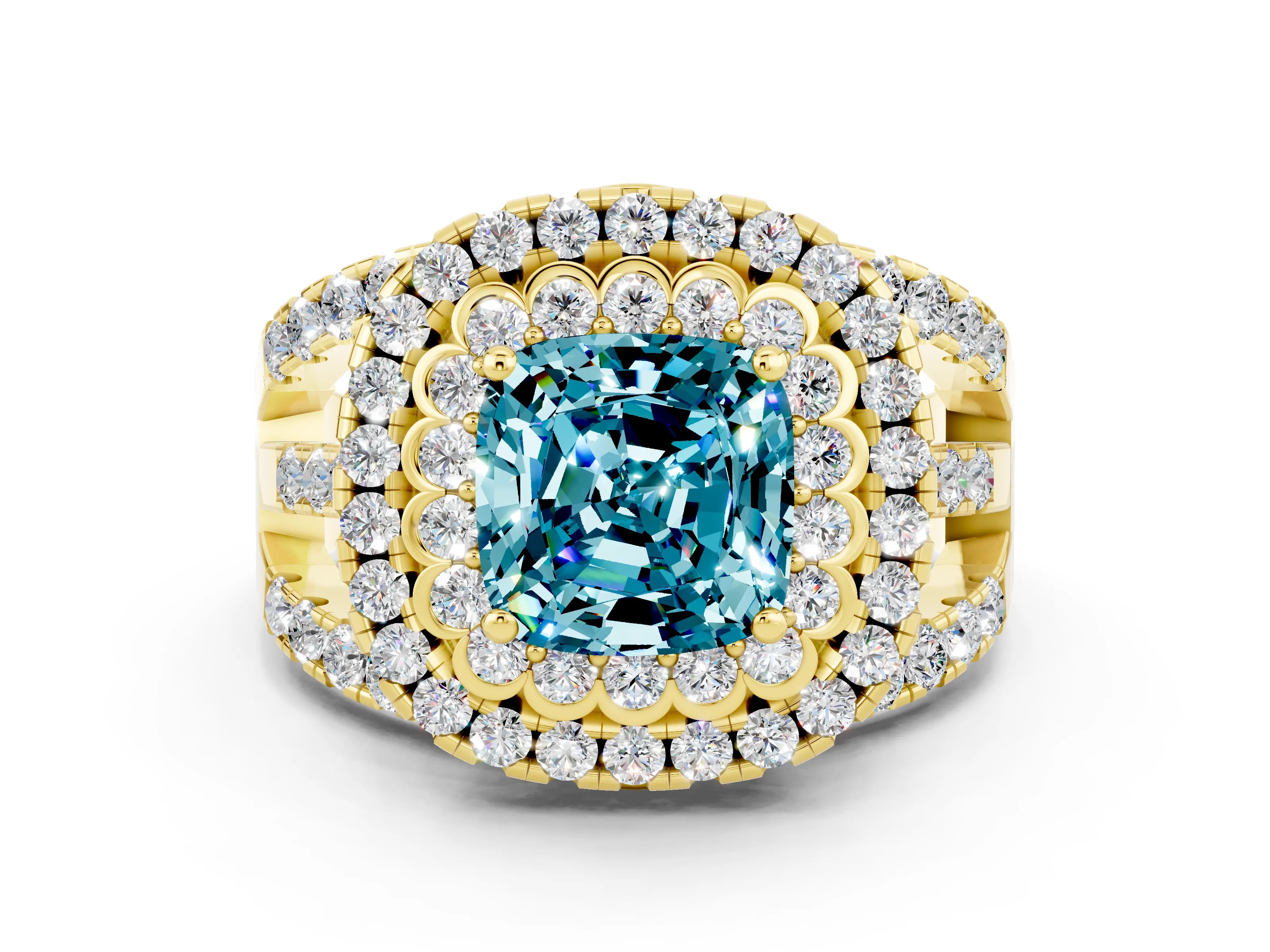 Yellow gold Double Halo Cushion Cut Diamond Split Shank Pave Set Ring