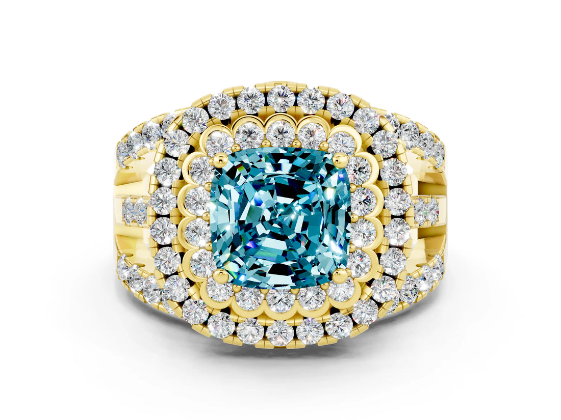 Yellow gold Double Halo Cushion Cut Diamond Split Shank Pave Set Ring
